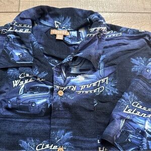 Blue George XL 46-48 Hawaiian Classic Cars mashup Button‎ up Shirt pockets